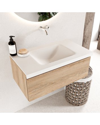 Mondiaz Bukla 80cm badmeubel modulair kleur Washed Oak met 1 lade. Wastafel Cloud midden 0 kraangaten kleur Talc.