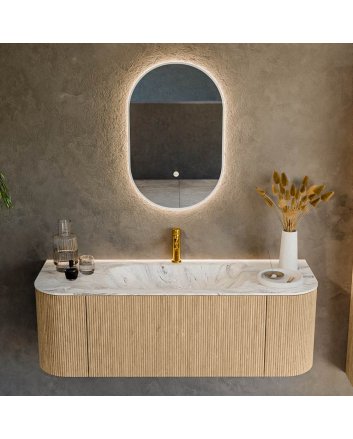 Mondiaz Kurve-Dlux 130cm badmeubel ronding Links + Rechts kleur Oak met 1 lade en 2 deuren. Wastafel Big small Midden 1 kraangat Glace.