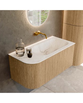 Mondiaz Kurve-Dlux 95cm badmeubel ronding Links kleur Oak met 1 lade en 1 deur. Wastafel Big small Rechts zonder kraangat Frappe.