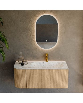 Mondiaz Kurve-Dlux 105cm badmeubel ronding Links kleur Oak met 1 lade en 1 deur. Wastafel Big small Rechts 1 kraangat Glace.