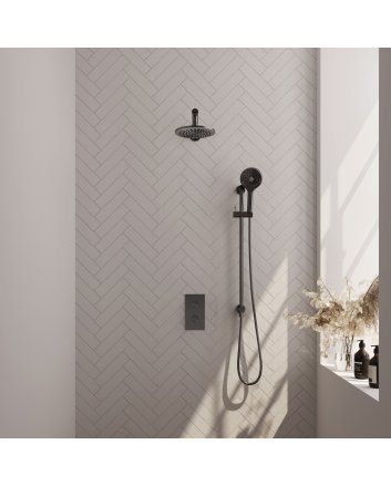 BRAUER Gunmetal Carving thermostatische inbouw regendouche 3-weg omstelling SET 43 met 20 cm douchekop en rechte muurarm en 3-standen handdouche en doucheslang en geïntegreerde glijstang gunmetal geborsteld PVD