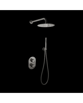 Sani DeLuxe Doucheset inbouw met box thermostaat, muurbevestiging / douchekop 25 cm rond Gun Metal met geribbeld knop