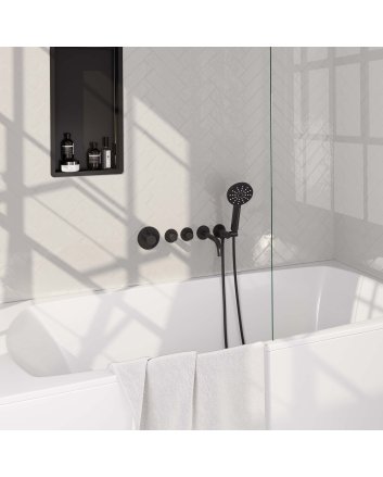 BRAUER Black Carving thermostatische inbouw badkraan SET 02 met uitloop en 3-standen handdouche en doucheslang en wandaansluitbocht mat zwart