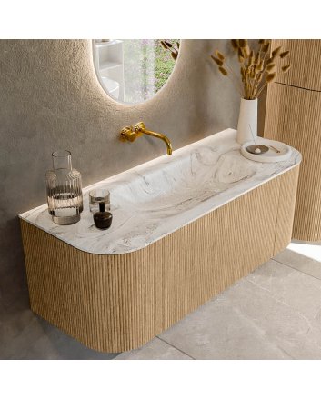 Mondiaz Kurve-Dlux 120cm badmeubel ronding Links + Rechts kleur Oak met 1 lade en 2 deuren. Wastafel Big small Midden zonder kraangat Glace.