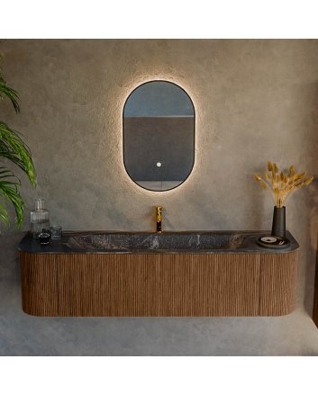 Mondiaz Kurve-Dlux 170cm badmeubel ronding Links + Rechts kleur Walnut met 1 lade en 2 deuren. Wastafel Big large Midden 1 kraangat Lava.