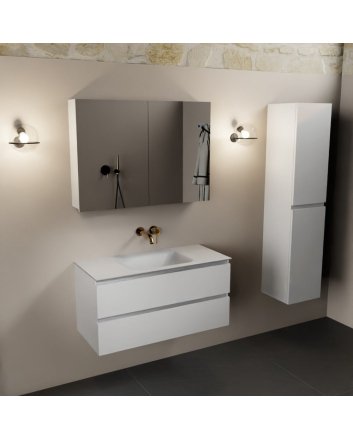Mondiaz Aivy 100cm badmeubel Talc, wastafel Talc solid surface midden zonder kraangat met spiegelkast