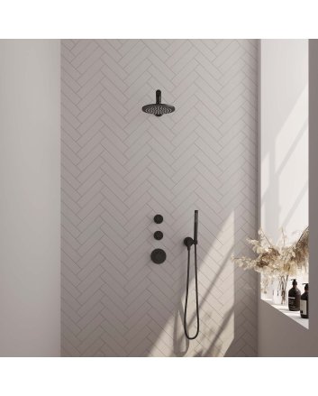 BRAUER Black Edition thermostatische inbouw regendouche SET 01 met 20 cm douchekop en rechte muurarm en staaf handdouche en doucheslang en wandaansluitbocht mat zwart