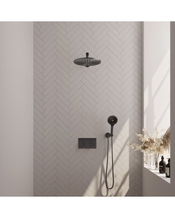 BRAUER Gunmetal Edition thermostatische inbouw regendouche met drukknoppen SET 56 met 30 cm douchekop en rechte muurarm en 3-standen handdouche en doucheslang en wandaansluitbocht gunmetal geborsteld PVD