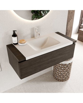 Mondiaz Bukla 100cm badmeubel onderkast kleur Dark Brown met 1 lade. Wastafel Cloud midden 1 kraangat kleur Talc.