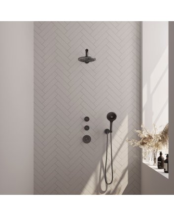 BRAUER Gunmetal Edition thermostatische inbouw regendouche SET 07 met 20 cm douchekop en rechte muurarm en 3-standen handdouche en doucheslang en wandaansluitbocht gunmetal geborsteld PVD