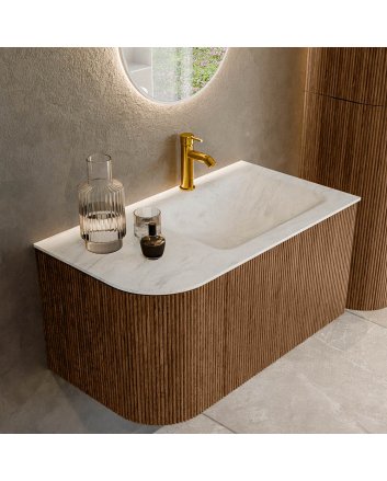 Mondiaz Kurve-Dlux 85cm badmeubel ronding Links kleur Walnut met 1 lade en 1 deur. Wastafel Cloud Rechts 1 kraangat Opalo.