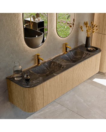 Mondiaz Kurve-Dlux 180cm badmeubel ronding Links + Rechts kleur Oak met 2 lades en 2 deuren. Wastafel Leaf Dubbel 2 kraangaten Lava.
