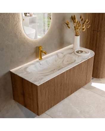 Mondiaz Kurve-Dlux 115cm badmeubel ronding Rechts kleur Walnut met 1 lade en 1 deur. Wastafel Big small Links 1 kraangat Glace.