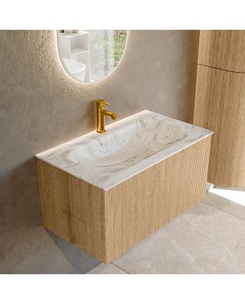 Mondiaz Kurve-Dlux 80cm badmeubel kleur Oak met 1 lade en 0 deuren. Wastafel Big small Midden 1 kraangat Glace.