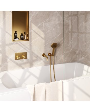 BRAUER Gold Carving thermostatische inbouw badkraan met drukknoppen SET 04 met uitloop en 3-standen handdouche en doucheslang en wandaansluitbocht goud geborsteld PVD