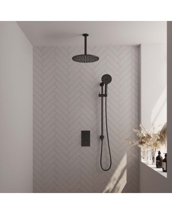 BRAUER Black Carving thermostatische inbouw regendouche 3-weg omstelling SET 48 met 30 cm douchekop en plafondarm en 3-standen handdouche en doucheslang en geïntegreerde glijstang mat zwart