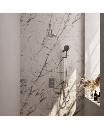 BRAUER Brushed Carving thermostatische inbouw regendouche 3-weg omstelling SET 45 met 20 cm douchekop en gebogen muurarm en 3-standen handdouche en doucheslang en geïntegreerde glijstang RVS geborsteld PVD