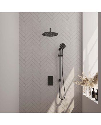 BRAUER Black Carving thermostatische inbouw regendouche 3-weg omstelling SET 46 met 30 cm douchekop en gebogen muurarm en 3-standen handdouche en doucheslang en geïntegreerde glijstang mat zwart