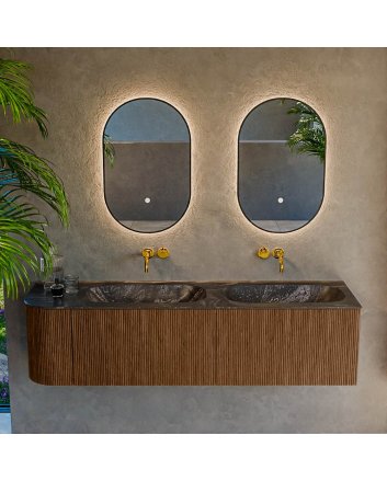 Mondiaz Kurve-Dlux 165cm badmeubel ronding Links kleur Walnut met 2 lades en 1 deur. Wastafel Stor small Dubbel / Rechts zonder kraangat Lava.