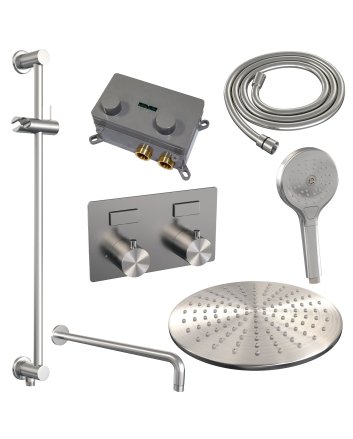 BRAUER Brushed Edition thermostatische inbouw regendouche met drukknoppen SET 70 met 30 cm douchekop en gebogen muurarm en 3-standen handdouche en doucheslang en geïntegreerde glijstang RVS geborsteld PVD