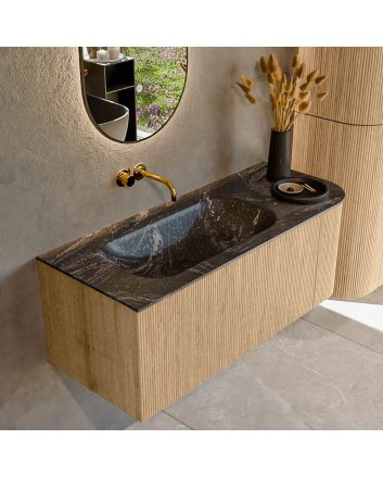 Mondiaz Kurve-Dlux 115cm badmeubel ronding Rechts kleur Oak met 1 lade en 1 deur. Wastafel Big small Links zonder kraangat Lava.