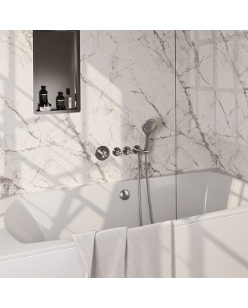 BRAUER Brushed Carving thermostatische inbouw badkraan SET 02 met badvulcombinatie en 3-standen handdouche en doucheslang en wandaansluitbocht RVS geborsteld PVD