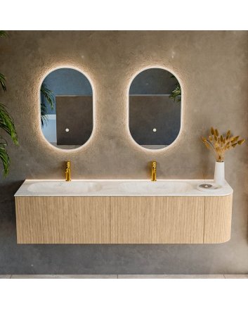 Mondiaz Kurve-Dlux 175cm badmeubel ronding Rechts kleur Oak met 2 lades en 1 deur. Wastafel Stor small Dubbel / Links 2 kraangaten Ostra.