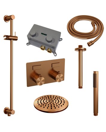 BRAUER Copper Carving thermostatische inbouw regendouche met drukknoppen SET 65 met 20 cm douchekop en plafondarm en staaf handdouche en doucheslang en geïntegreerde glijstang koper geborsteld PVD