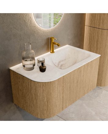 Mondiaz Kurve-Dlux 85cm badmeubel ronding Links kleur Oak met 1 lade en 1 deur. Wastafel Cloud Rechts 1 kraangat Frappe.