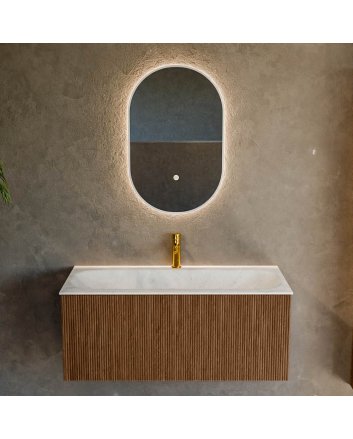 Mondiaz Kurve-Dlux 100cm badmeubel kleur Walnut met 1 lade en 0 deuren. Wastafel Big medium Midden 1 kraangat Opalo.