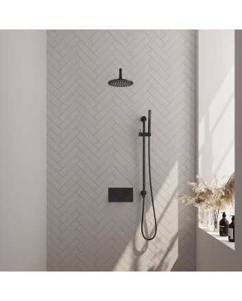 BRAUER Black Edition thermostatische inbouw regendouche met drukknoppen SET 63 met 20 cm douchekop en gebogen muurarm en staaf handdouche en doucheslang en geïntegreerde glijstang mat zwart