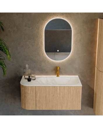 Mondiaz Kurve-Dlux 95cm badmeubel ronding Links kleur Oak met 1 lade en 1 deur. Wastafel Big small Rechts 1 kraangat Ostra.
