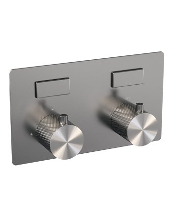 BRAUER Brushed Carving thermostatische inbouw badkraan met drukknoppen SET 04 met uitloop en 3-standen handdouche en doucheslang en wandaansluitbocht RVS geborsteld PVD