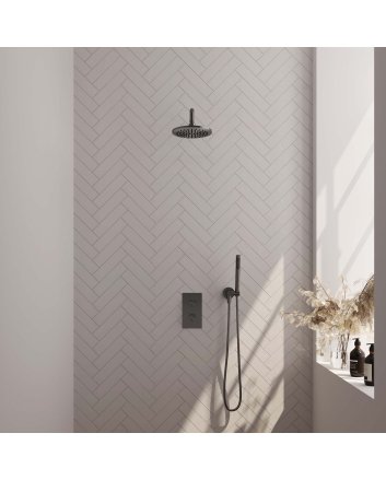 BRAUER Gunmetal Carving thermostatische inbouw regendouche 3-weg omstelling SET 27 met 20 cm douchekop en gebogen muurarm en staaf handdouche en doucheslang en wandaansluitbocht gunmetal geborsteld PVD