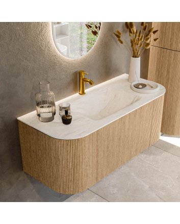 Mondiaz Kurve-Dlux 110cm badmeubel ronding Links + Rechts kleur Oak met 1 lade en 2 deuren. Wastafel Cloud Midden 1 kraangat Ostra.