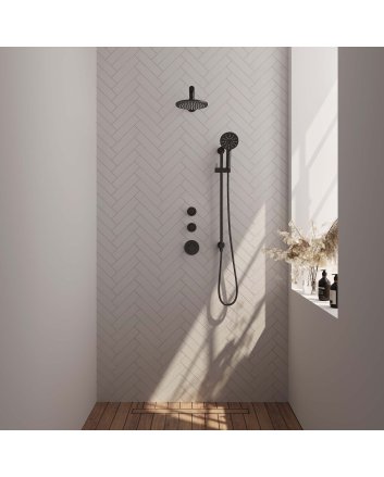BRAUER Black Carving thermostatische inbouw regendouche SET 19 met 20 cm douchekop en rechte muurarm en 3-standen handdouche en doucheslang en geïntegreerde glijstang mat zwart