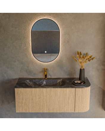 Mondiaz Kurve-Dlux 115cm badmeubel ronding Rechts kleur Oak met 1 lade en 1 deur. Wastafel Big small Links 1 kraangat Lava.