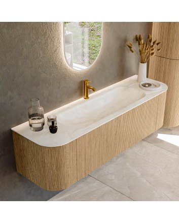 Mondiaz Kurve-Dlux 160cm badmeubel ronding Links + Rechts kleur Oak met 1 lade en 2 deuren. Wastafel Big medium Midden 1 kraangat Ostra.