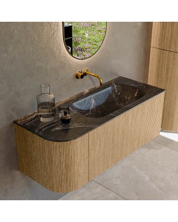 Mondiaz Kurve-Dlux 115cm badmeubel ronding Links kleur Oak met 1 lade en 1 deur. Wastafel Big small Rechts zonder kraangat Lava.