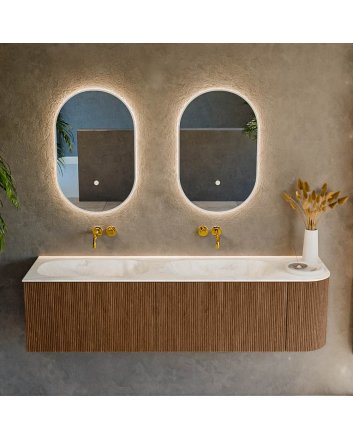 Mondiaz Kurve-Dlux 165cm badmeubel ronding Rechts kleur Walnut met 2 lades en 1 deur. Wastafel Stor small Dubbel / Links zonder kraangat Ostra.