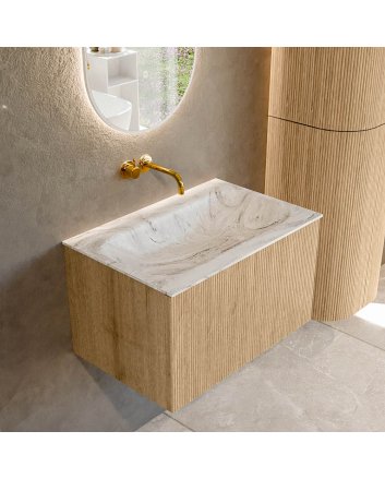 Mondiaz Kurve-Dlux 70cm badmeubel kleur Oak met 1 lade en 0 deuren. Wastafel Big small Midden zonder kraangat Glace.