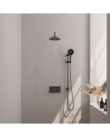 BRAUER Gunmetal Edition thermostatische inbouw regendouche met drukknoppen SET 69 met 20 cm douchekop en gebogen muurarm en 3-standen handdouche en doucheslang en geïntegreerde glijstang gunmetal geborsteld PVD