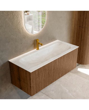 Mondiaz Kurve-Dlux 110cm badmeubel kleur Walnut met 1 lade en 0 deuren. Wastafel Big medium Midden 1 kraangat Ostra.