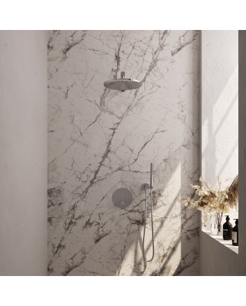 BRAUER Chrome Carving thermostatische inbouw regendouche 3-weg rond SET 74 met 30 cm douchekop en rechte muurarm en staaf handdouche en doucheslang en wandaansluitbocht chroom