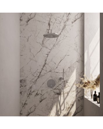 BRAUER Chrome Carving thermostatische inbouw regendouche 3-weg rond SET 76 met 30 cm douchekop en gebogen muurarm en staaf handdouche en doucheslang en wandaansluitbocht chroom