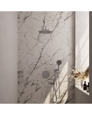 BRAUER Chrome Carving thermostatische inbouw regendouche 3-weg rond SET 82 met 30 cm douchekop en gebogen muurarm en 3-standen handdouche en doucheslang en wandaansluitbocht chroom