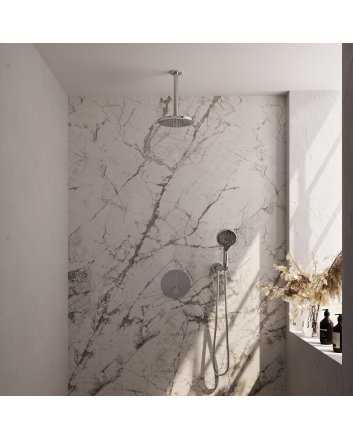 BRAUER Chrome Carving thermostatische inbouw regendouche 3-weg rond SET 83 met 20 cm douchekop en plafondarm en 3-standen handdouche en doucheslang en wandaansluitbocht chroom