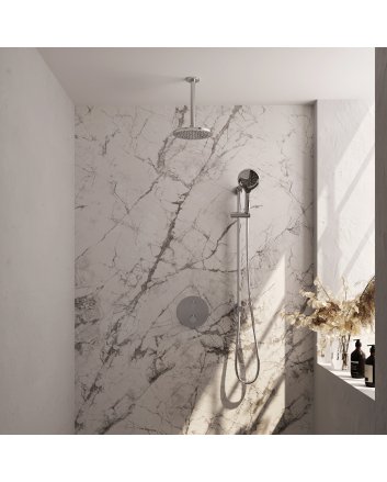 BRAUER Chrome Carving thermostatische inbouw regendouche 3-weg rond SET 95 met 20 cm douchekop en plafondarm en 3-standen handdouche en doucheslang en geïntegreerde glijstang chroom