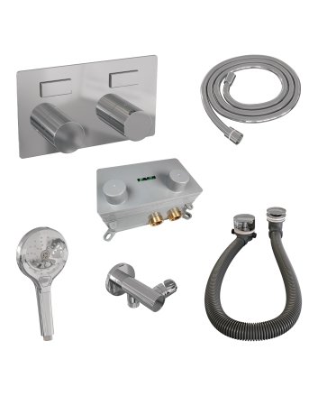 BRAUER Stripe thermostatische inbouw badkraan met drukknoppen SET 03 met badvulcombinatie en staaf handdouche en doucheslang en wandaansluitbocht chroom