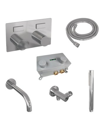 BRAUER Stripe thermostatische inbouw badkraan met drukknoppen SET 03 met uitloop en staaf handdouche en doucheslang en wandaansluitbocht chroom